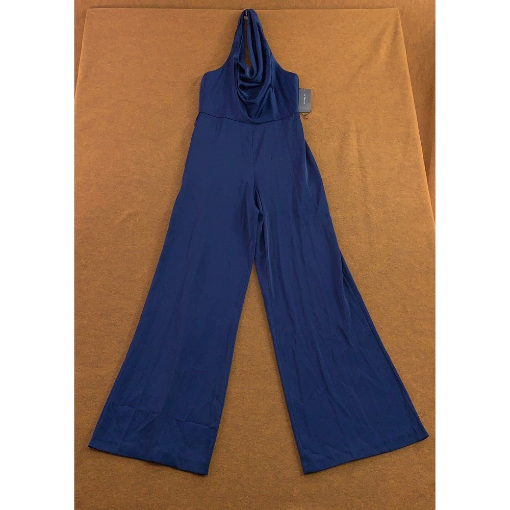 Liv Foster Womens 8 Navy Blue Satin Cowl Neck Halter Wide Leg Jumpsuit NWT